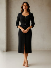 Women Black Sweetheart Neck Midi Dress With PU Belt-SFDRSS13146