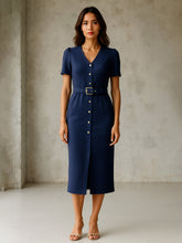 Women Blue V Neck Button Belt Midi dress-SFDRSS13153