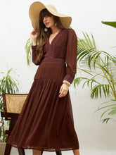 Women Dark Brown V-Neck Lace Detail Maxi Dress-SFDRSS13175