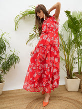 Women Red Floral Front Ruffle Detail Maxi Dress-SFDRSS13179