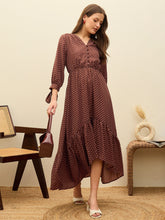 Women Brown Polka Dot Asymmetric Hem Maxi Dress-SFDRSS13183