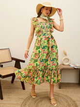 Women Green Floral Smocked Frill Midi Dress-SFDRSS13195