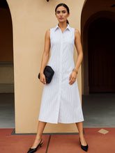 Women White & Blue Stripes Sleeveless Midi Dress-SFDRSS13202