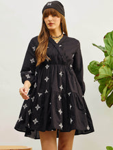 Women Black Embroidered Shawl Collar Tiered Dress-SFDRSS13204