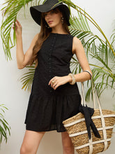 Women Black Schiffli Sleeveless Gathered Short Dress-SFDRSS13213