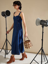 Women Navy Denim Strappy A-Line Midi Dress-SFDRSS13234