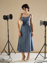 Women Blue Wash Denim Strappy A-Line Midi Dress-SFDRSS13235
