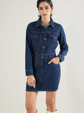 Women Blue Washed Denim Flap Pocket Short Dress-SFDRSS13240