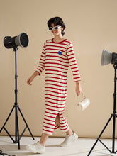 Women Red & Beige Striped Embroidered T-Shirt Dress-SFDRSS13244