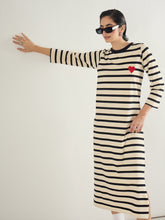 Women Black & Beige Striped Embroidered T-Shirt Dress-SFDRSS13245
