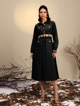 Women Black Poplin Front Open Midi Dress-SFDRSS13252