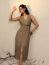 Women Beige Notch Collar Front Slit Midi Dress-SFDRSS13269
