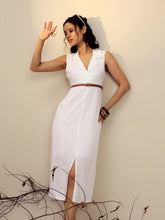 Women White Notch Collar Front Slit Midi Dress-SFDRSS13270
