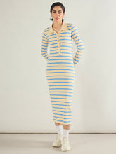 Women Blue & Off-White Stripe Full Sleeve Midi Dress-SFDRSS13283