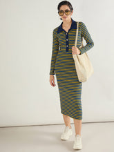 Women Yellow & Blue Stripe Full Sleeve Midi Dress-SFDRSS13284
