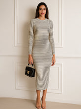 Women Black & Off-White Striped Rib Bodycon Midi Dress-SFDRSS13286