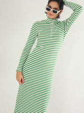 Women Green & White Rib High Neck Front Zipper Dress-SFDRSS13289
