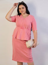 Women Pink Wash Denim V-Neck Peplum Dress-SFDRSS13291
