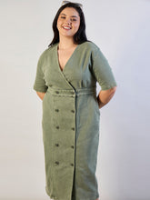 Women Olive Denim Wrap Neck Midi Dress-SFDRSS13295
