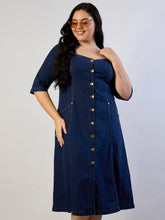 Women Dark Navy Denim Front Button A Line Dress-SFDRSS13302