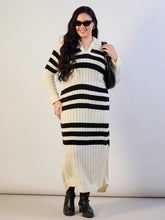 Women Black & White Striped Acrylic Wool Collar Midi Dress-SFDRSS13312