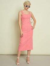Women Pink Denim Strappy Midi Dress-SFDRSS13344