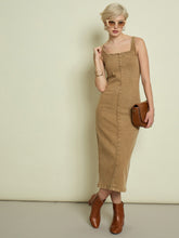 Women Beige Washed Denim Strappy Midi Dress-SFDRSS13345