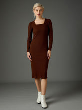 Women Dark Brown Rib Puff Sleeves Square Neck Bodycon Dress-SFDRSS13348