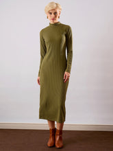 Women Olive Rib High Neck Maxi Dress-SFDRSS13350