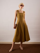 Women Khaki Brown Square-Neck Flared Midi Dress-SFDRSS13354