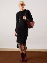 Women Black Acrylic Wool Hem Frindge Detail Midi Dress-SFDRSS13377