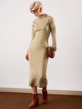 Women Beige Acrylic Wool High Neck Midi Dress-SFDRSS13378