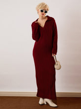 Women Maroon Acrylic Wool Collar Midi Dress-SFDRSS13385