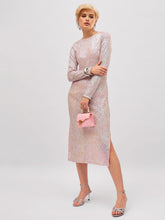 Women Pink Rainbow Sequin Round Neck Side Slit Midi Dress-SFDRSS13394