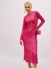 Women Fuchsia Sequin Round Neck Side Slit Midi Dress-SFDRSS13395