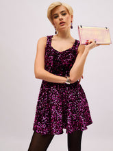 Women Fuchsia Velour Sequin Sweetheart Neck Short Dress-SFDRSS13404