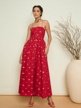 Women Fuchsia Foil Print Strappy Front Button Maxi Dress-SFDRSS13416