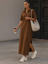 Women Brown Oversized Polo Neck T-Shirt Maxi Dress