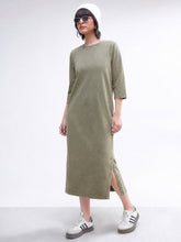 Women Green Overdyed Long Sleeves T-Shirt Maxi Dress