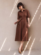Women Brown Wash Denim Belted Maxi Dress
