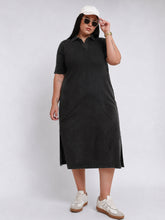 Women Black Overdyed Polo Neck Side Slit Midi Dress