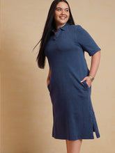 Women Navy Overdyed Polo Neck Side Slit Midi Dress