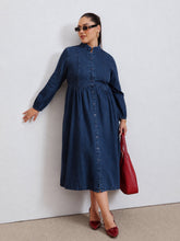 Women Navy Wash Denim Button Down Midi Dress