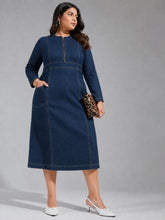 Women Navy Denim Front Zipper Midi Dress