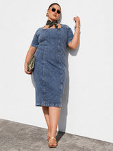 Women Blue Wash Denim Short Sleeves Bodycon Dress