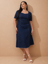 Women Navy Denim Low Waist Midi Dress