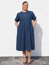 Women Navy Denim Front Button Midi Dress