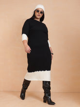 Women Black & White Knit Round Neck Midi Dress