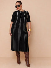 Women Black & White Stripe Knit Short Sleeves Midi Dress
