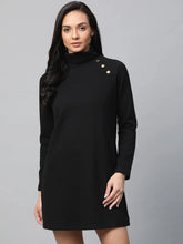 Black Rib Metal Button Detail Shift Dress